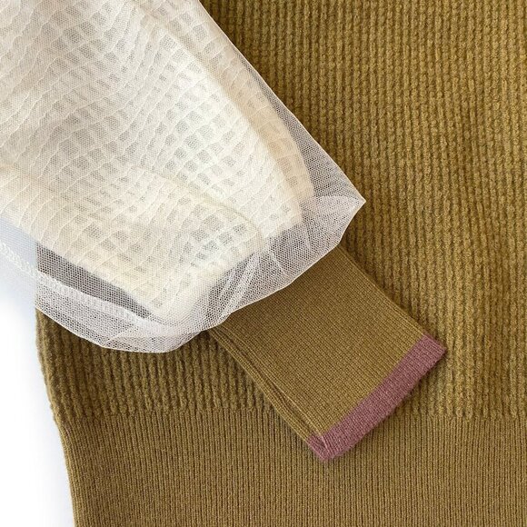 Korean Style Olive Knit Sweater Top Puff Mesh Sleeves Peter Pan Collar Preppy - Picture 7 of 11